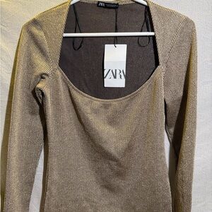 Zara Women's medium golden brown sparkle Scoop Neck Stretch top